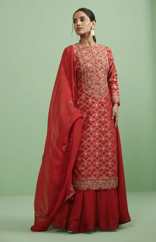 Shyam Narayan Prasad-Red Brocade Embroidered Lehenga Set-INDIASPOPUP.COM