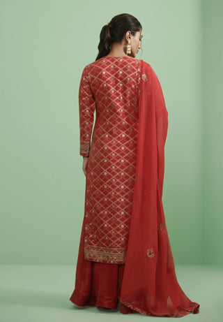 Shyam Narayan Prasad-Red Brocade Embroidered Lehenga Set-INDIASPOPUP.COM