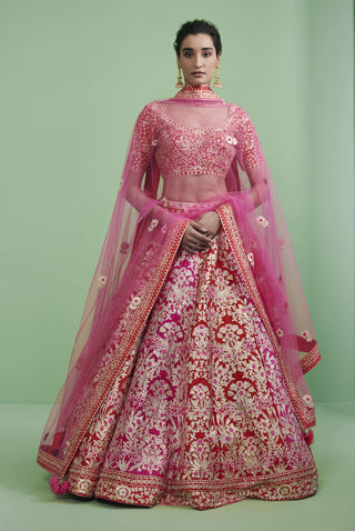 Shyam Narayan Prasad-Red Pink Embroidered Lehenga Set-INDIASPOPUP.COM