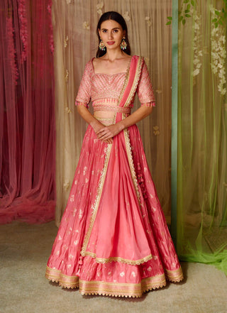 Shyam Narayan Prasad-Coral Pink Embroidered Lehenga Set-INDIASPOPUP.COM