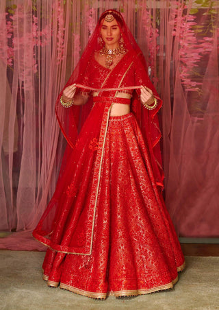 Shyam Narayan Prasad-Red Embroidered Lehenga Set-INDIASPOPUP.COM
