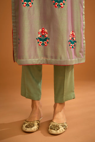 Shyam Narayan Prasad-Grey Green Chanderi Embroidered Kurta Set-INDIASPOPUP.COM