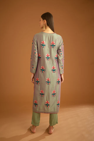 Shyam Narayan Prasad-Grey Green Chanderi Embroidered Kurta Set-INDIASPOPUP.COM