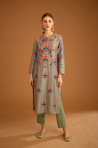 Shyam Narayan Prasad-Grey Green Chanderi Embroidered Kurta Set-INDIASPOPUP.COM