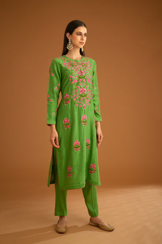 Shyam Narayan Prasad-Green Chanderi Embroidered Kurta Set-INDIASPOPUP.COM