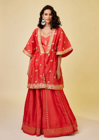 Shyam Narayan Prasad-Spicy Orange Embroidered Angrakha And Skirt Set-INDIASPOPUP.COM