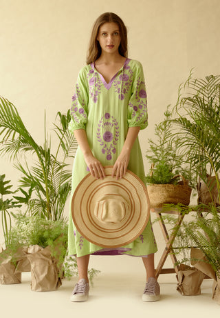 Be-Blu-Sophia Green Embroidered Midi Dress-INDIASPOPUP.COM