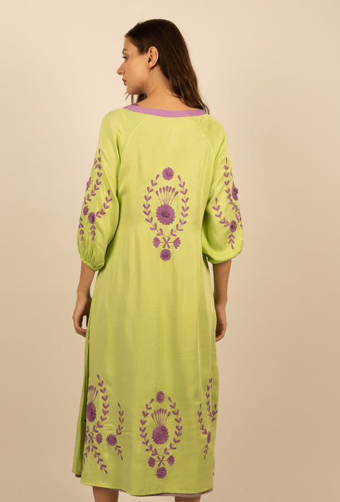 Be-Blu-Sophia Green Embroidered Midi Dress-INDIASPOPUP.COM