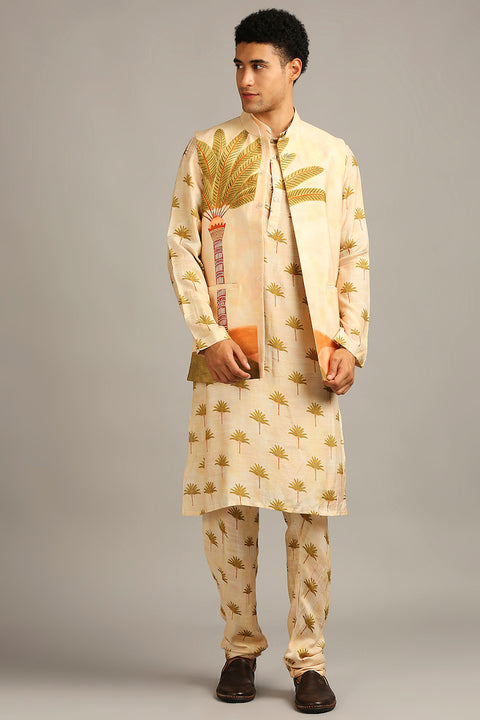 Soup By Sougat Paul-Conversational Printed Longline Jacket With Kurta Set-INDIASPOPUP.COM