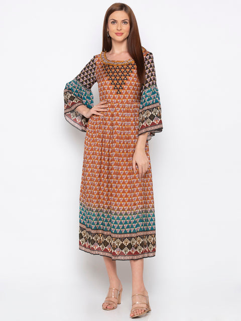 Soup By Sougat Paul - Brown & Blue Printed Dress - INDIASPOPUP.COM