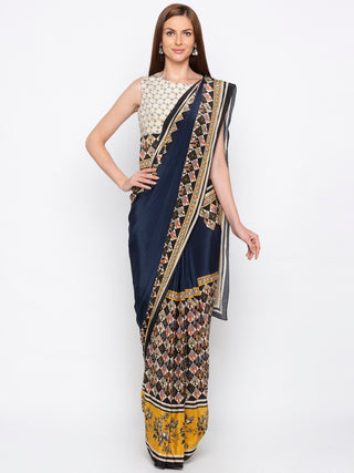 Soup By Sougat Paul - Navy Blue & Yellow Saree With Blouse - INDIASPOPUP.COM