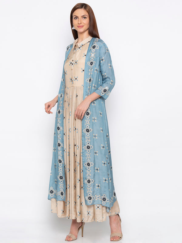 Soup By Sougat Paul - Powder Blue & Beige Dress With Jacket - INDIASPOPUP.COM