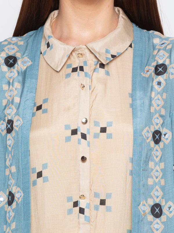 Soup By Sougat Paul - Powder Blue & Beige Dress With Jacket - INDIASPOPUP.COM