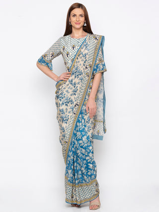 Soup By Sougat Paul - Blue & Off-White Saree With Blouse - INDIASPOPUP.COM