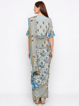 Soup By Sougat Paul - Blue & Off-White Saree With Blouse - INDIASPOPUP.COM