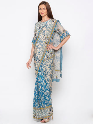 Soup By Sougat Paul - Blue & Off-White Saree With Blouse - INDIASPOPUP.COM