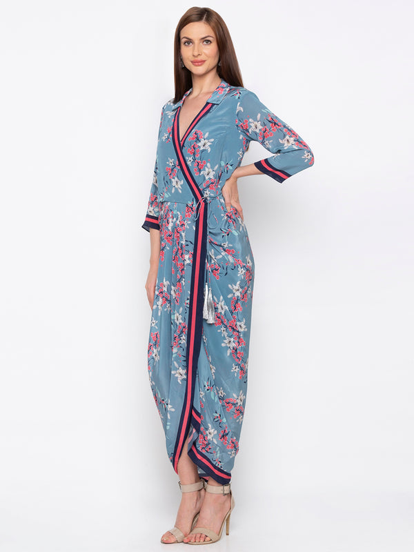 Soup By Sougat Paul - Blue & Pink Wrap Dress - INDIASPOPUP.COM