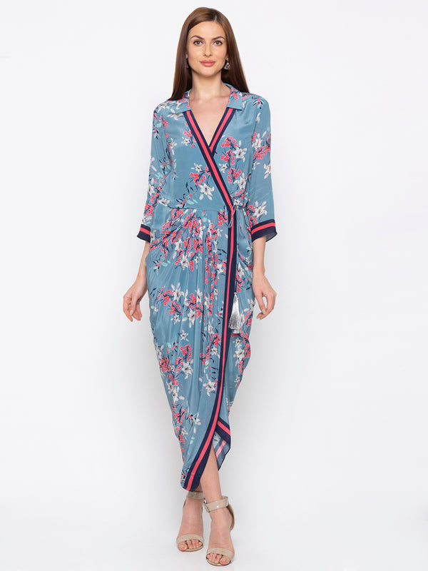 Soup By Sougat Paul - Blue & Pink Wrap Dress - INDIASPOPUP.COM