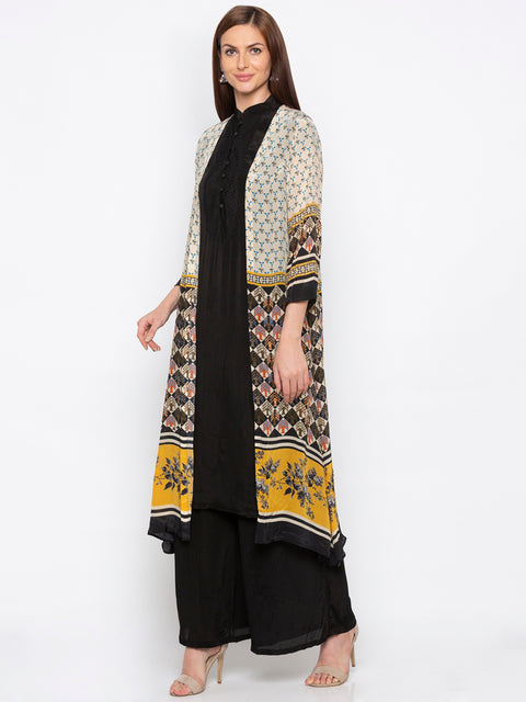 Soup By Sougat Paul - Navy Blue & Yellow Kurta Set With Jacket - INDIASPOPUP.COM