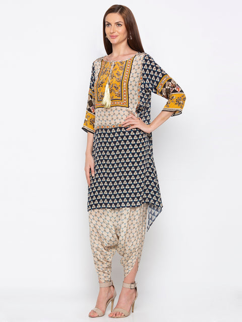 Soup By Sougat Paul - Navy Blue & Yellow Top With Dhoti - INDIASPOPUP.COM
