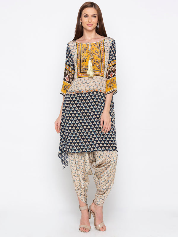 Soup By Sougat Paul - Navy Blue & Yellow Top With Dhoti - INDIASPOPUP.COM