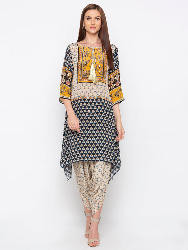 Soup By Sougat Paul - Navy Blue & Yellow Top With Dhoti - INDIASPOPUP.COM