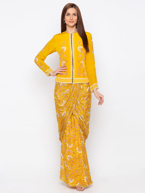 Soup By Sougat Paul - Yellow Jacket With Drape Skirt - INDIASPOPUP.COM