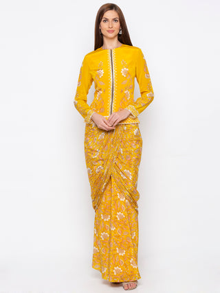 Soup By Sougat Paul - Yellow Jacket With Drape Skirt - INDIASPOPUP.COM