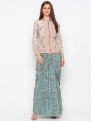 Soup By Sougat Paul - Teal Green & Beige Jacket With Drape Skirt - INDIASPOPUP.COM