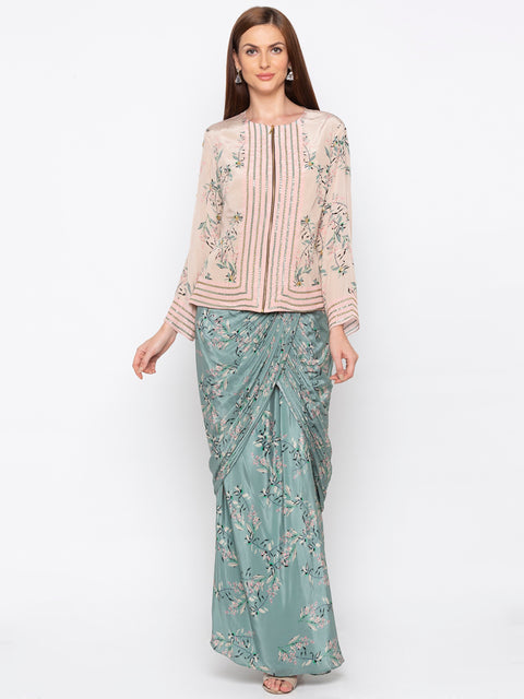 Soup By Sougat Paul - Teal Green & Beige Jacket With Drape Skirt - INDIASPOPUP.COM