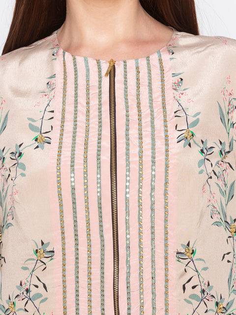Soup By Sougat Paul - Teal Green & Beige Jacket With Drape Skirt - INDIASPOPUP.COM
