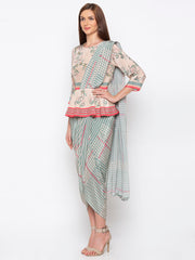 Soup By Sougat Paul - Teal Green & Pink Drape Dress - INDIASPOPUP.COM