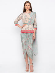 Soup By Sougat Paul - Teal Green & Pink Drape Dress - INDIASPOPUP.COM
