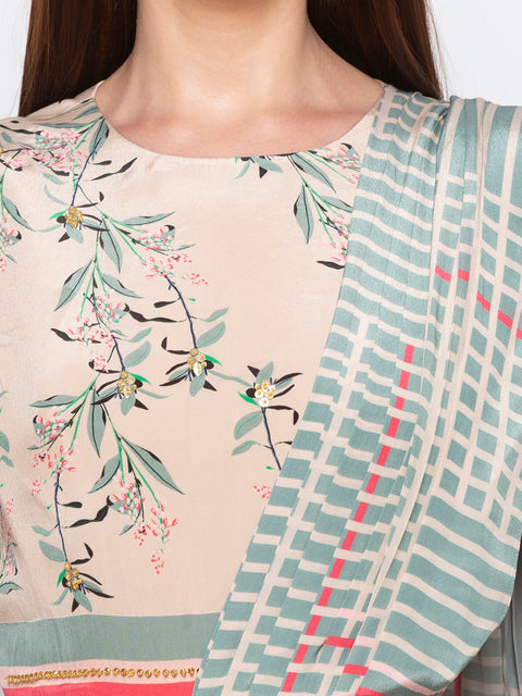 Soup By Sougat Paul - Teal Green & Pink Drape Dress - INDIASPOPUP.COM