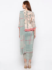 Soup By Sougat Paul - Teal Green & Pink Drape Dress - INDIASPOPUP.COM