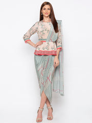 Soup By Sougat Paul - Teal Green & Pink Drape Dress - INDIASPOPUP.COM