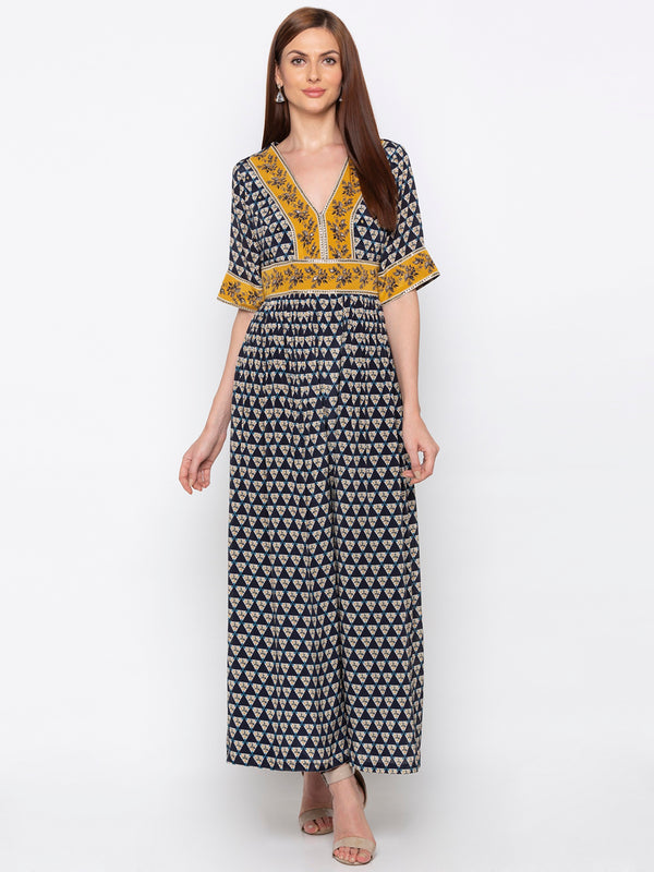 Soup By Sougat Paul - Navy Blue & Yellow Jumpsuit - INDIASPOPUP.COM