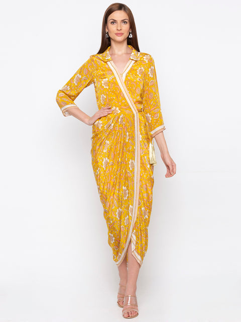 Soup By Sougat Paul - Yellow Printed Wrap Dress - INDIASPOPUP.COM