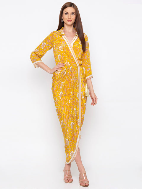 Soup By Sougat Paul - Yellow Printed Wrap Dress - INDIASPOPUP.COM