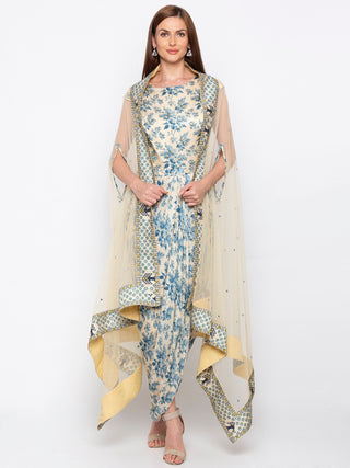 Soup By Sougat Paul - Blue & Off-White Dress With Dupatta - INDIASPOPUP.COM