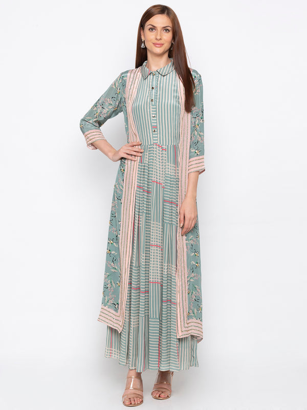 Soup By Sougat Paul - Teal Green & Beige Dress With Jacket - INDIASPOPUP.COM
