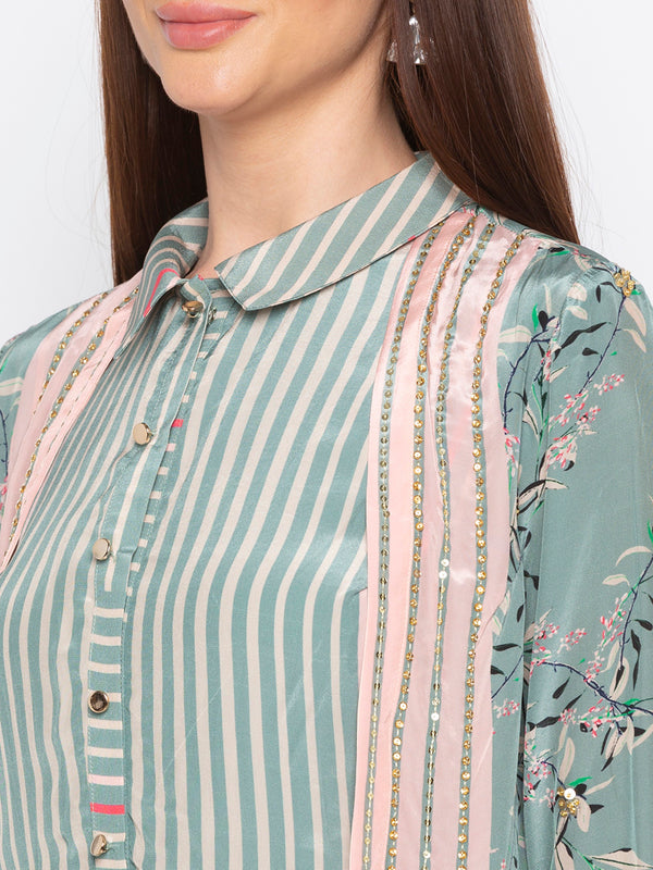 Soup By Sougat Paul - Teal Green & Beige Dress With Jacket - INDIASPOPUP.COM