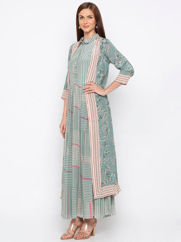 Soup By Sougat Paul - Teal Green & Beige Dress With Jacket - INDIASPOPUP.COM