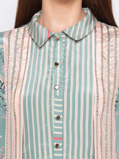 Soup By Sougat Paul - Teal Green & Beige Dress With Jacket - INDIASPOPUP.COM