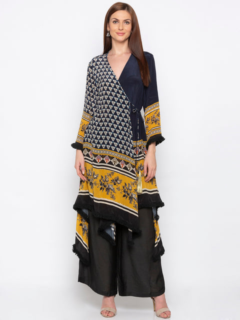 Soup By Sougat Paul - Navy Blue & Yellow Kurta With Black Pants - INDIASPOPUP.COM