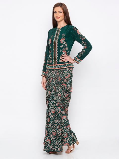 Soup By Sougat Paul - Green Drape Skirt With Jacket - INDIASPOPUP.COM