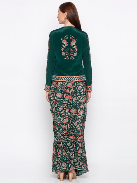 Soup By Sougat Paul - Green Drape Skirt With Jacket - INDIASPOPUP.COM
