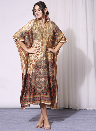 Soup By Sougat Paul-Beige Applique Kaftan Dress-INDIASPOPUP.COM