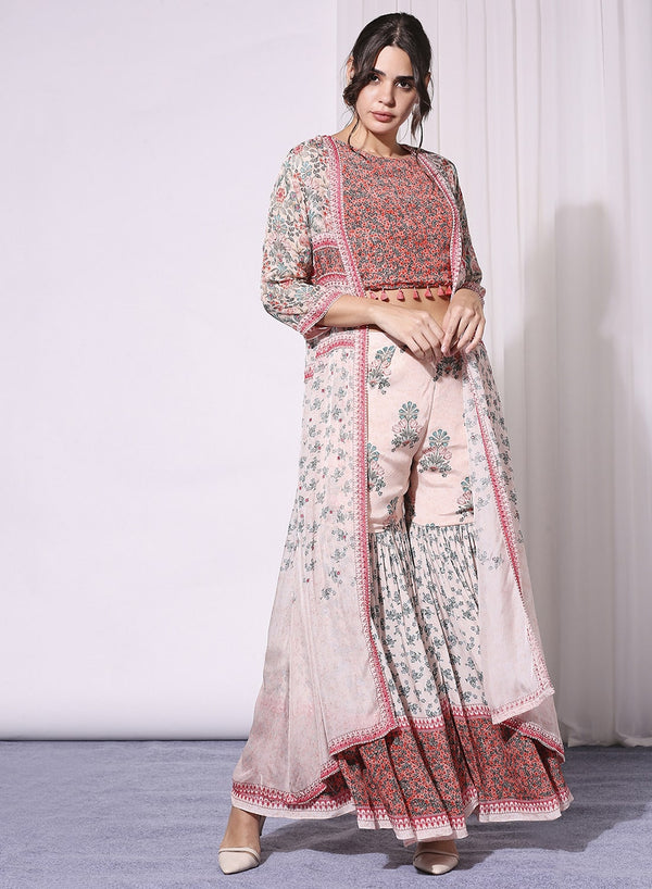 Buy Pista Green Sharara Suit With Long Emerald Green Jacket In Layered  Pattern Online - Kalki Fashion