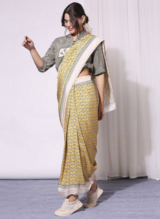 Soup By Sougat Paul-Yellow Printed Draped Saree With Crop Top-INDIASPOPUP.COM